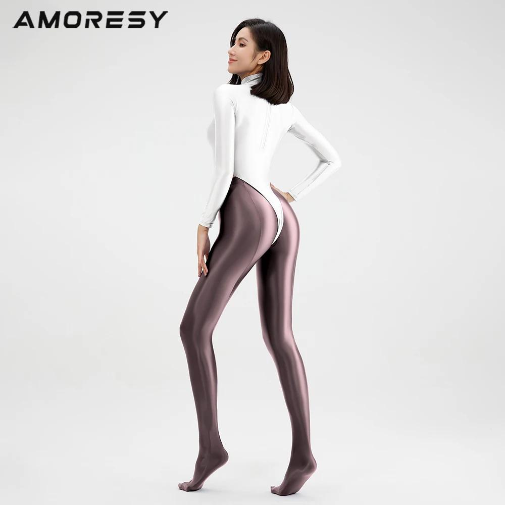 AMORESY femmes Sexy huile brillant une pièce maillot de bain collants à manches longues lisse col ha
