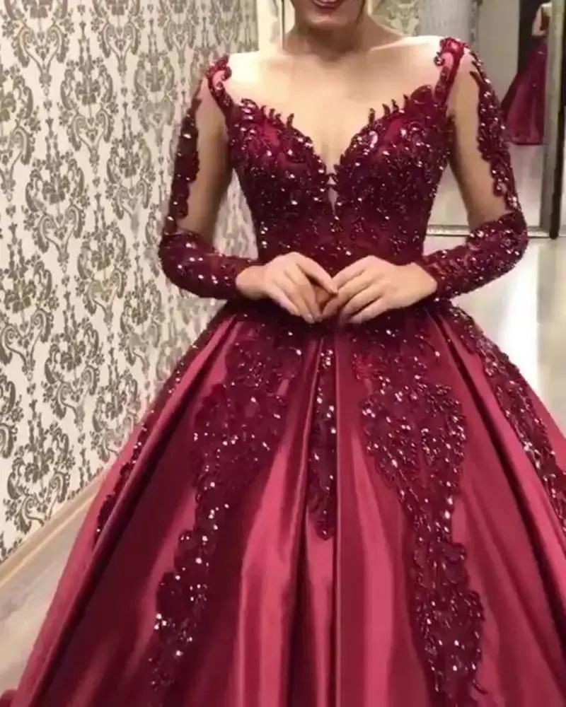 Robe de soirée élégante à manches longues et col en V pour femmes, robes de mariage, fête de fiançai