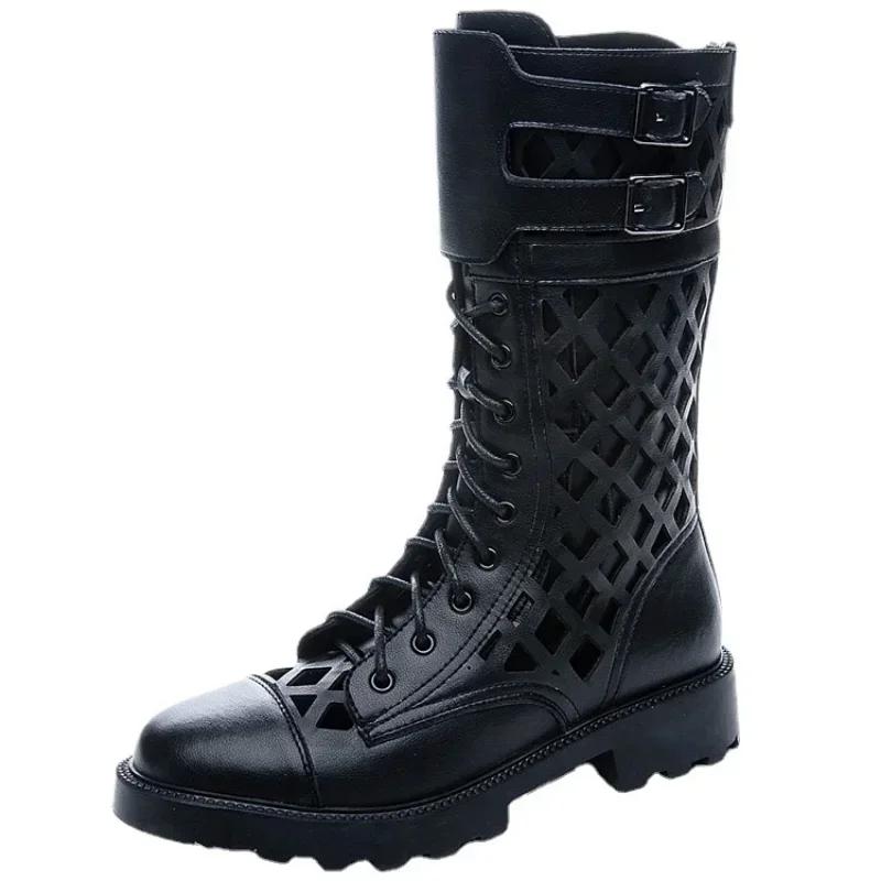 Bottes d'été en maille noire creuse pour femmes, talon moyen, grandes bottes cool, sandales européen
