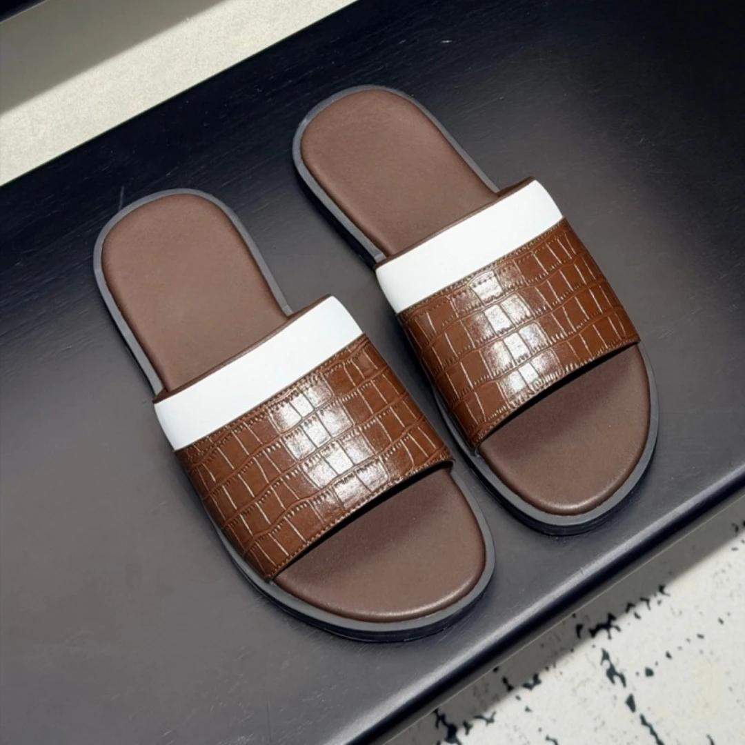 Sandales en cuir de vachette faites à la main, chaussures de luxe pour hommes, tongs de plage tendan