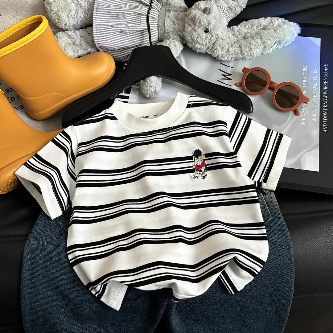 T-shirt d'été à manches courtes en coton pour enfants, à rayures, pour garçons et filles, hauts à la