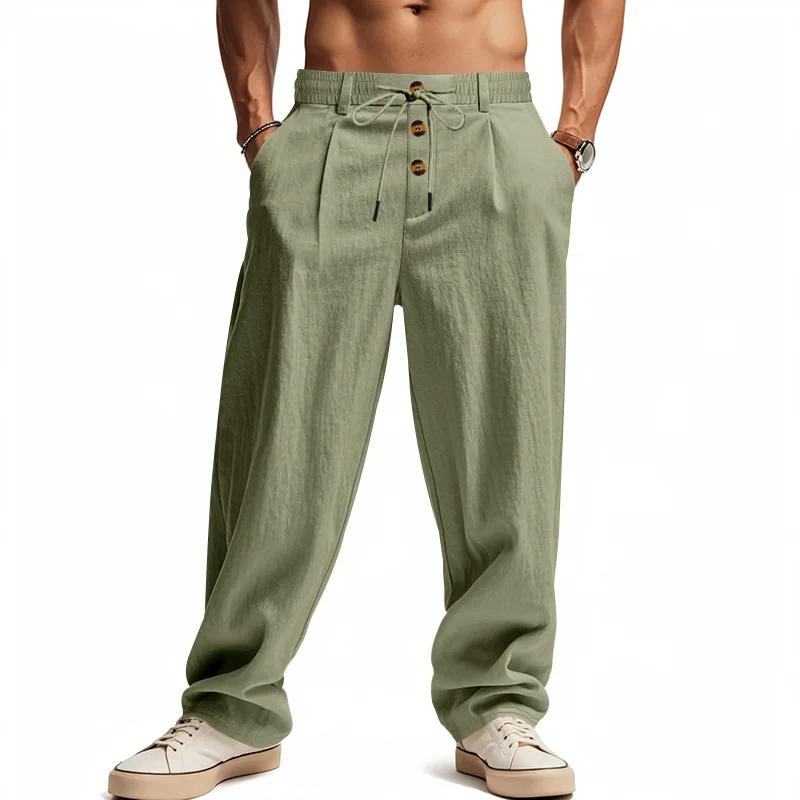 Pantalon large en lin mélangé pour homme, style bohème, taille haute, cordon de serrage, fermeture b
