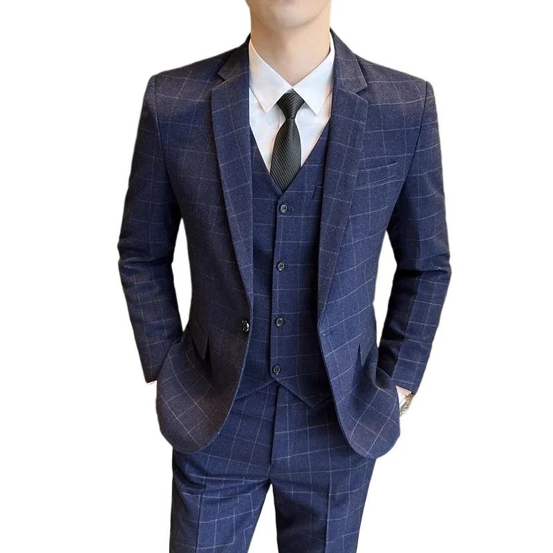 Costumes (blazer + gilet + pantalon) hommes mode affaires décontracté hôtes coupe ajustée Gentleman