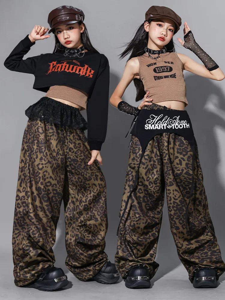 Vêtements de danse jazz pour enfants, tenue de scène Kpop pour filles, pantalon léopard, haut court