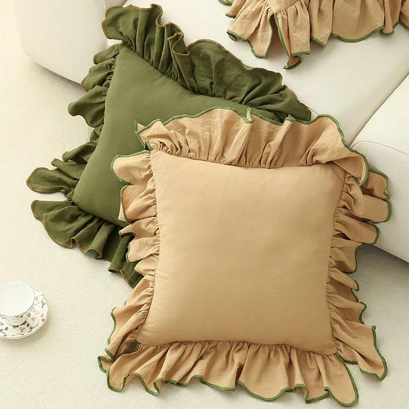 Juste de coussin en coton à volants pour canapé, taie d'oreiller décorative, beige, rose, princesse,