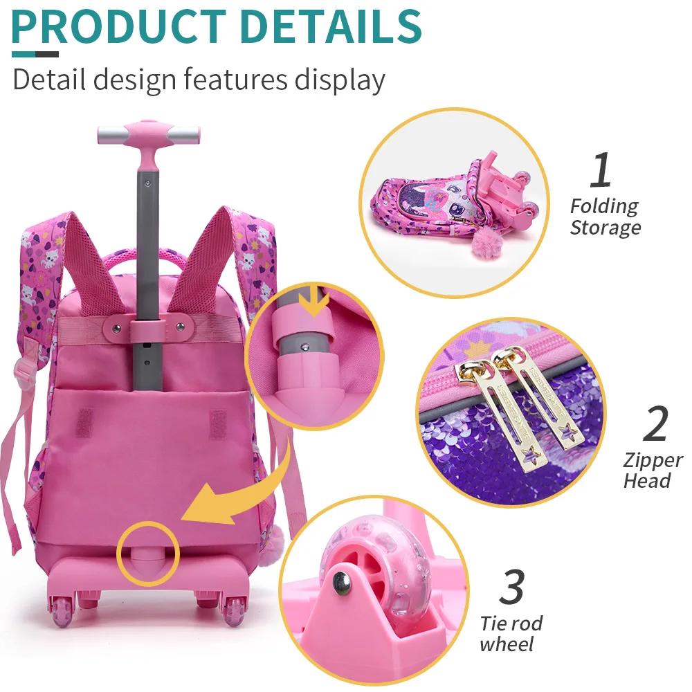 Ensemble de 3 sacs à dos roulants pour filles, sac à livres à roulettes à paillettes de chat de dess