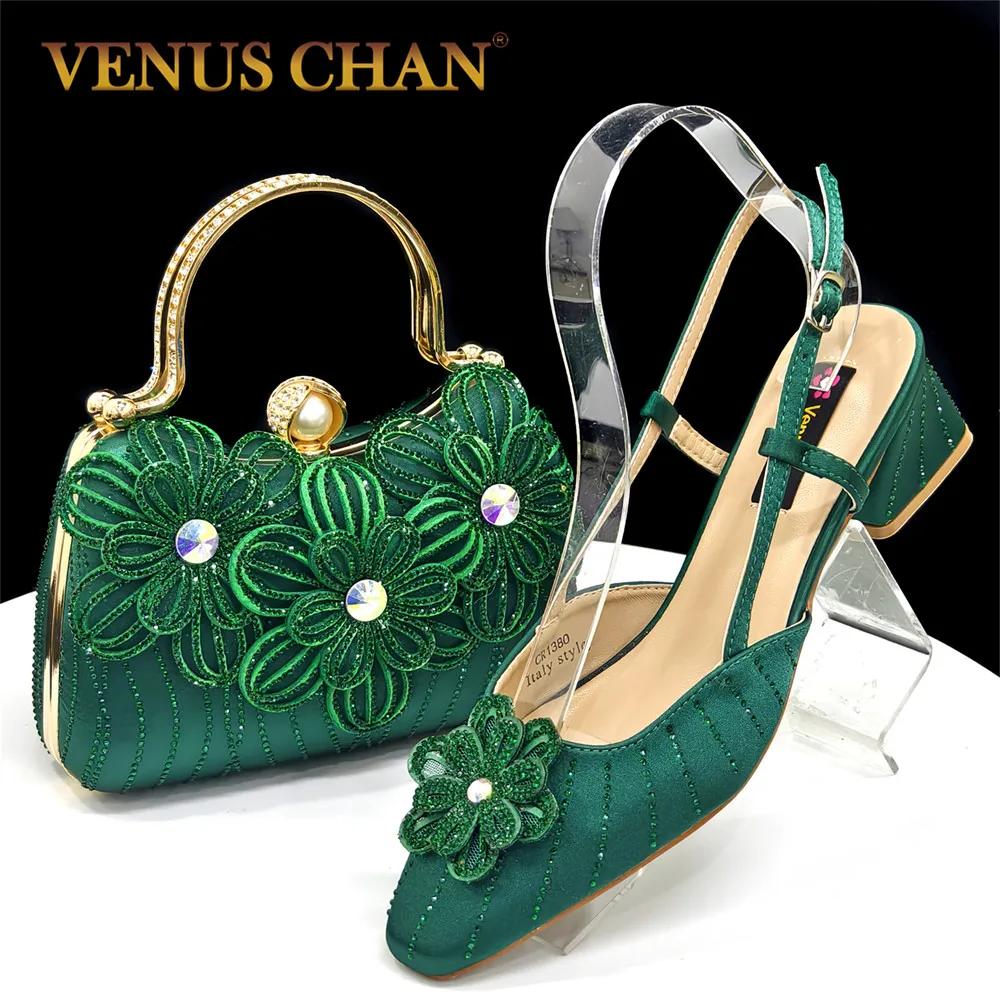 Escarpins et sac italiens pour fête, Style INS, bout pointu, strass, talons hauts élégants, couleur