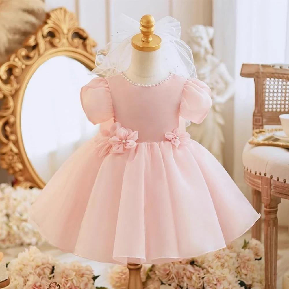 Robe de Rhen tulle rose à manches bouffantes pour filles, robes de princesse à fleurs 3D mignonnes,