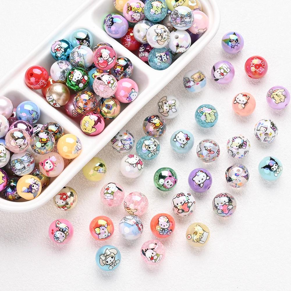 Perles acryliques mélangées aléatoires, 30 pièces, perles rondes imprimées Sanrio, amples pour brico