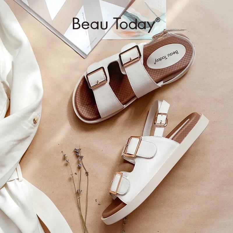 BEAU TODAY-Sandales décontractées en cuir de vache pour femmes, chaussures de sport à talons bas, fa
