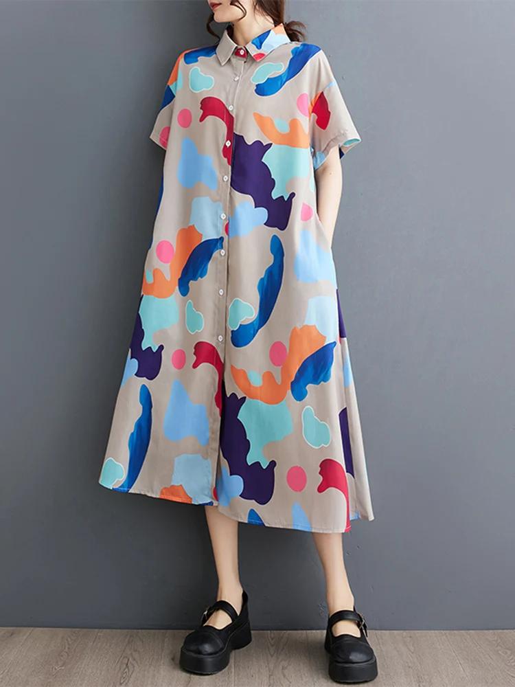 Robe chemise Vintage imprimée Patchwork pour femmes, manches courtes, ample, décontractée, mi-longue