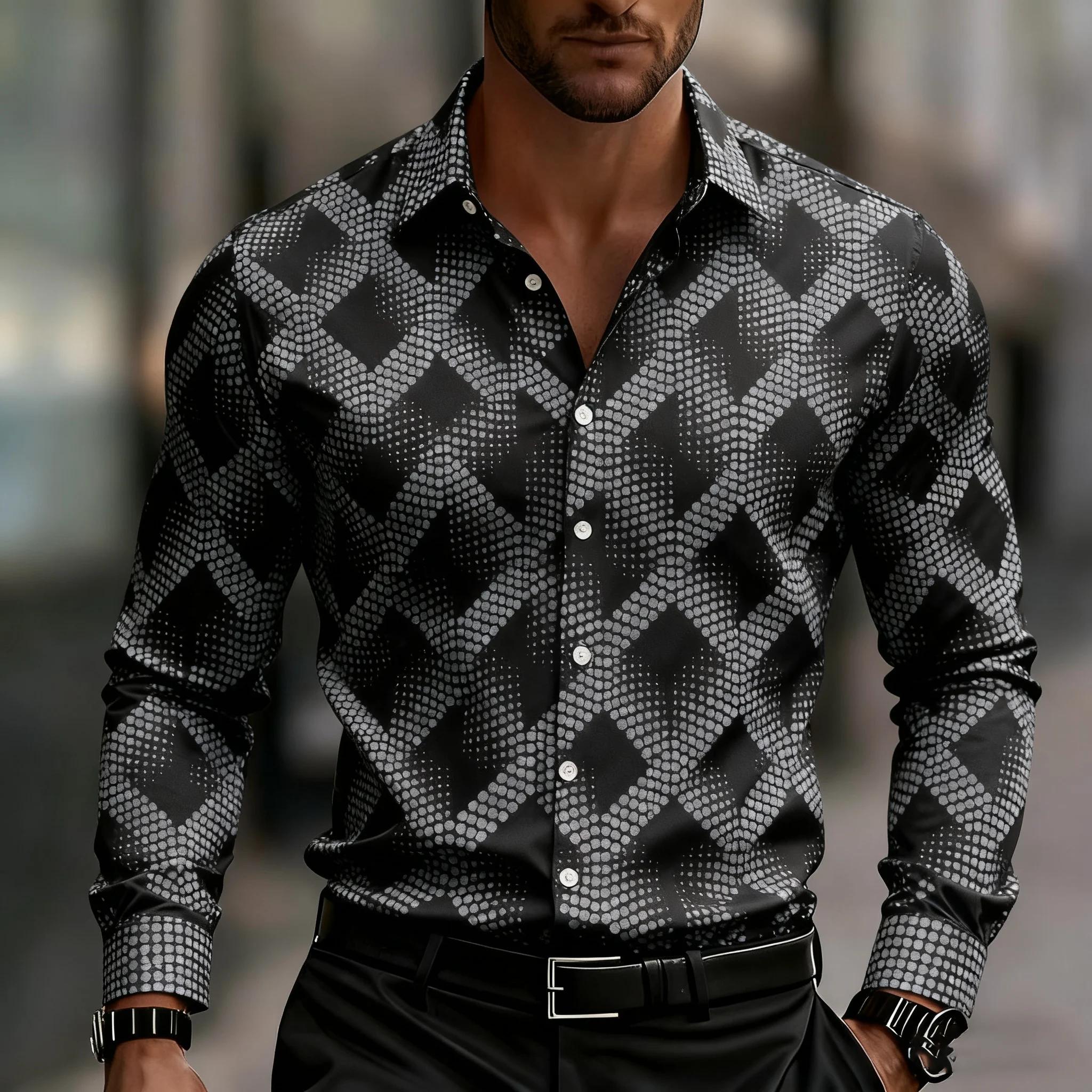 Chemise homme à manches longues imprimé géométrique, chemise boutonnée élégante, avec motifs carrés