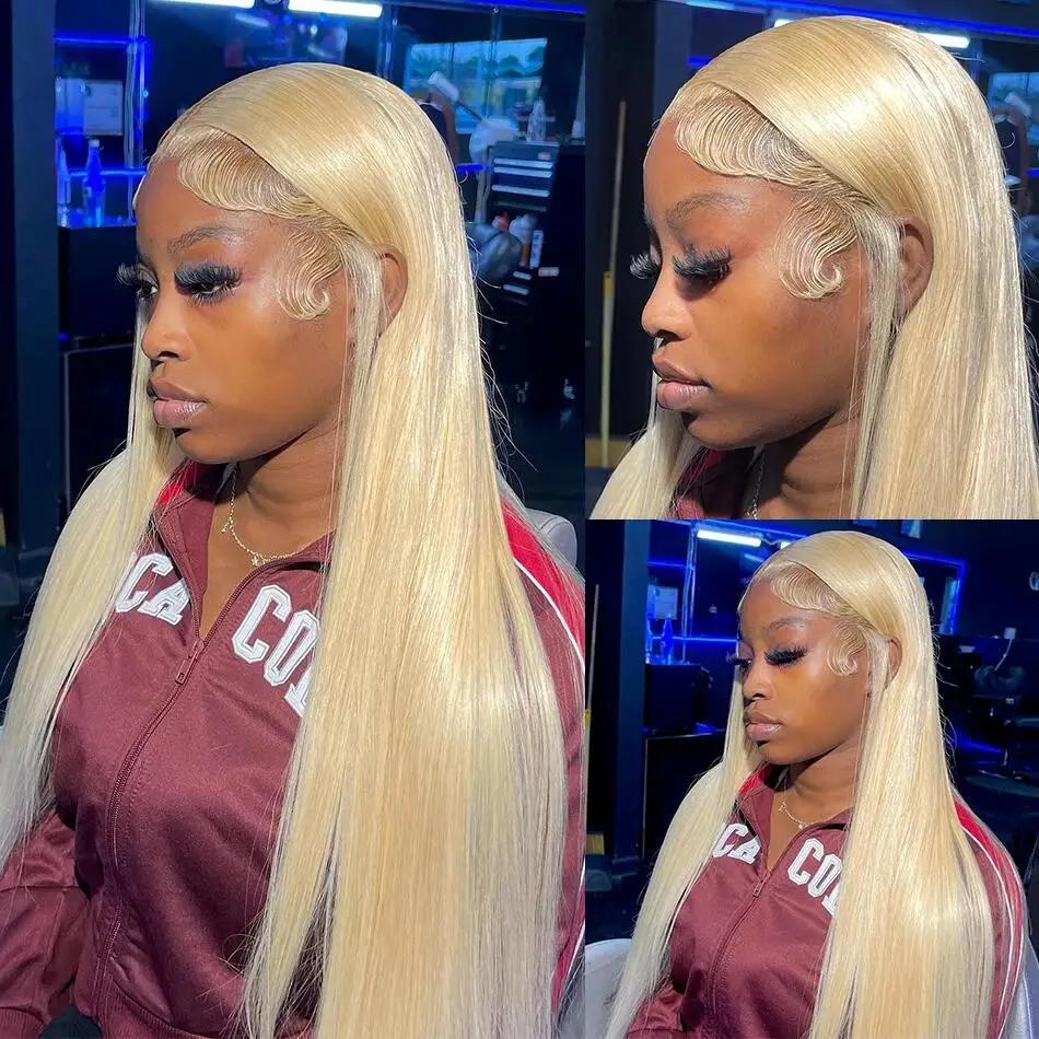 613 Blonde 13x6 HD dentelle avant perruques de cheveux humains 38 "hute colorée droite 13x4 HD Trans