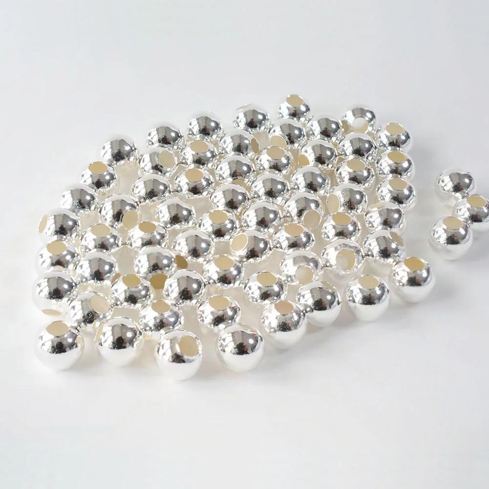 Perles en argent Sterling 925 massif, boule ronde d'espacement sans couture, résultats de bijoux DIY
