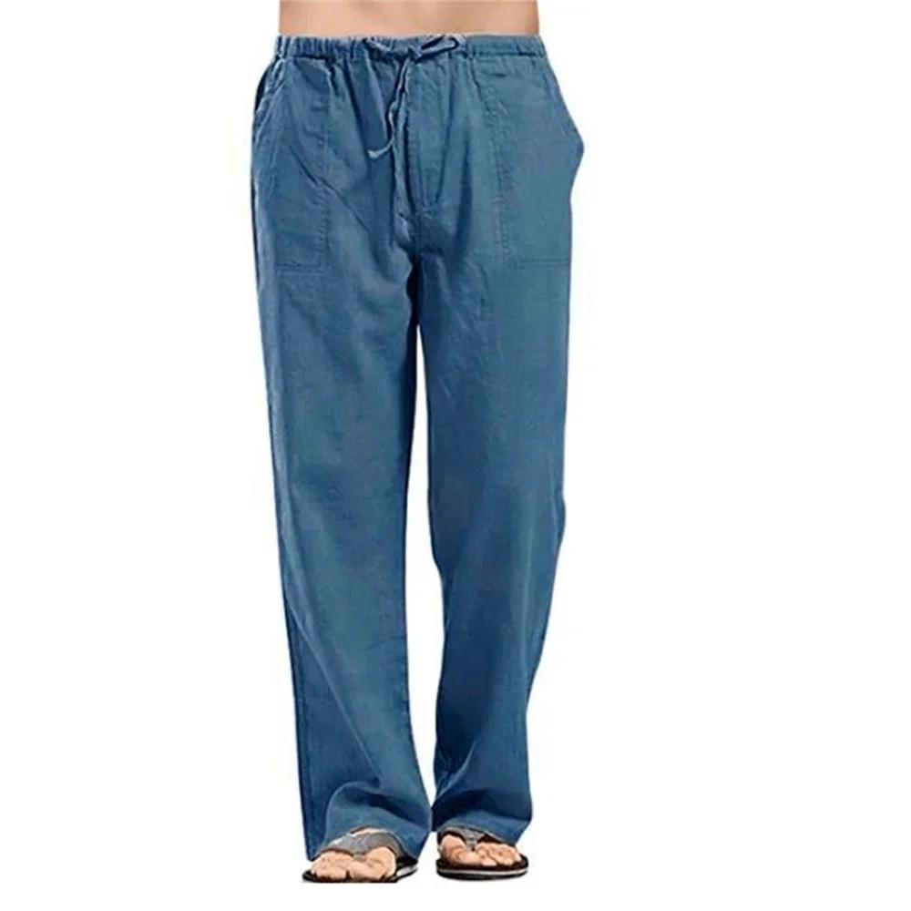 Pantalon d'été en coton et lin pour homme, tissu solide, respirant, décontracté, taille élastique, f