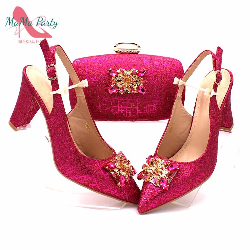 Ensemble chaussures et sac pour femmes africaines, couleur fuchsia, design classique italien, haute