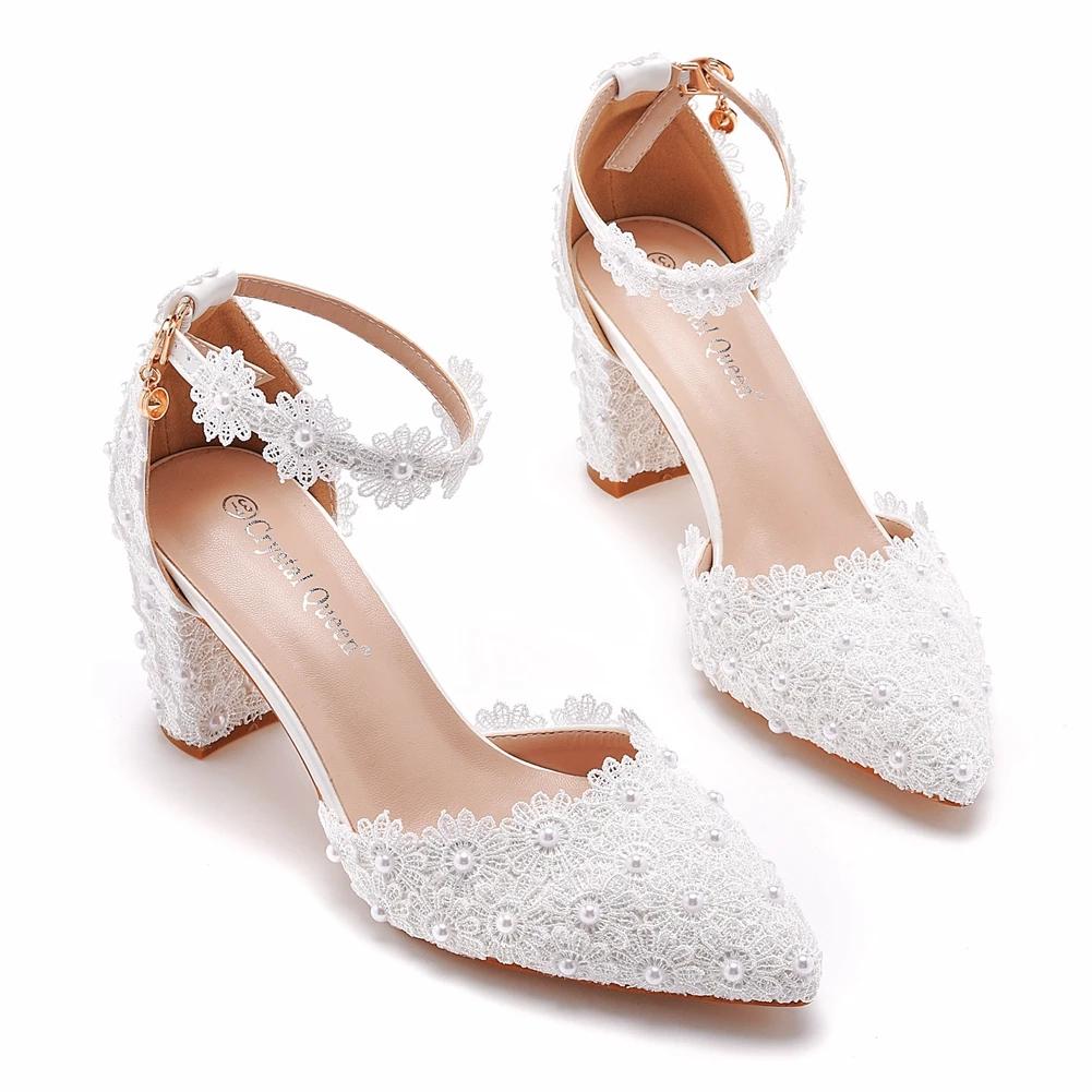 Chaussures de mariée à talons hauts carrés, bout pointu et fermé, avec bride de cheville, en cuir él