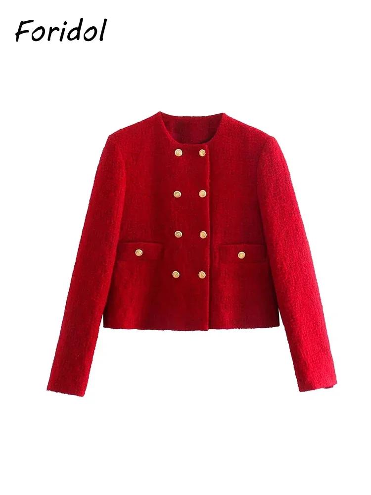 Foridol-Blazer court à double boutonnage et jupe à col rond pour dames, ensembles de bureau, rouge,