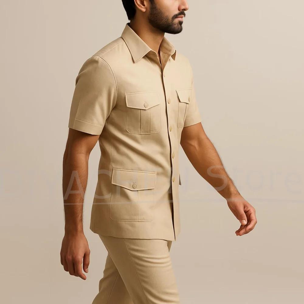 Ensemble de costume safari pour homme à manches courtes, 2 pièces, multi-poches, blazer et pantalon,