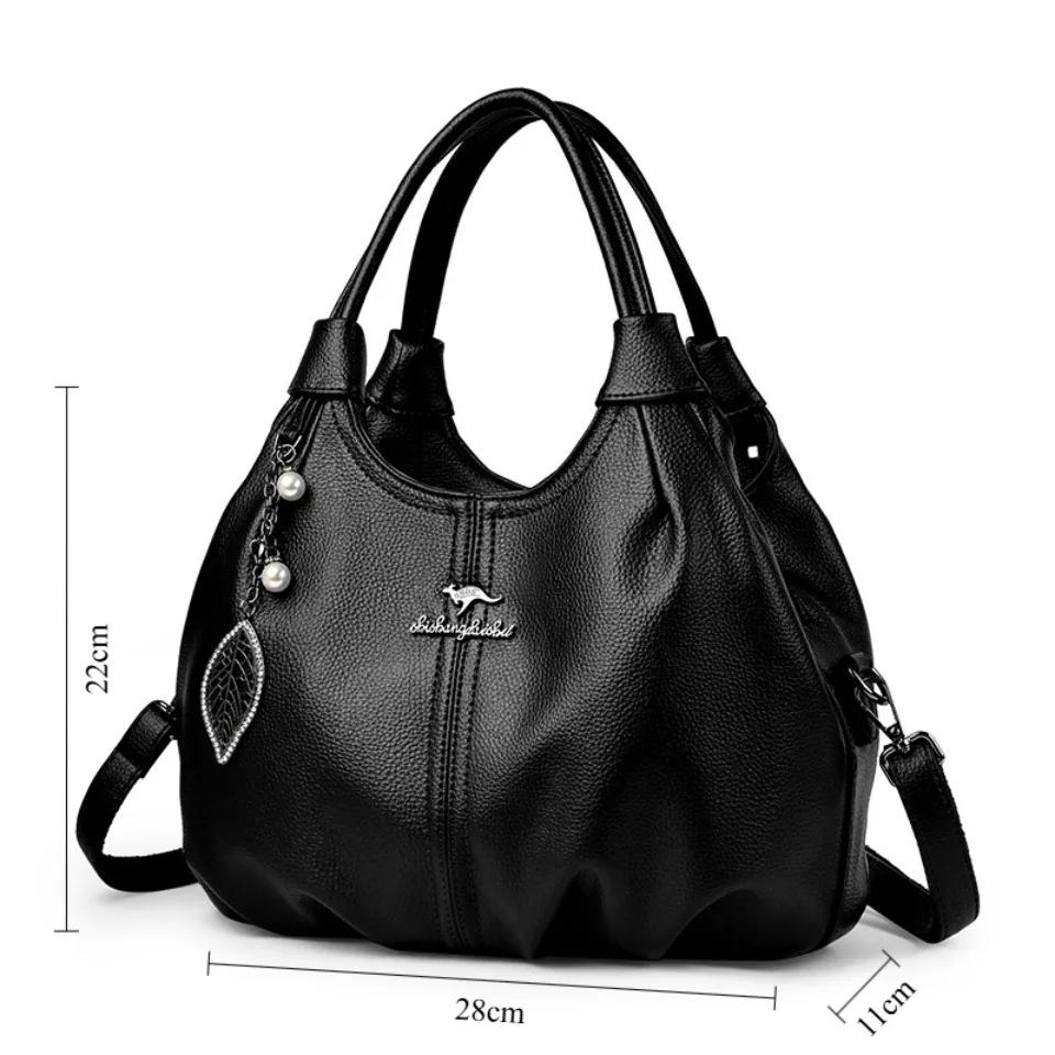 Sac à main hobo en cuir de litchi souple, sac à bandoulière 3 couches avec pendentif feuille de perl