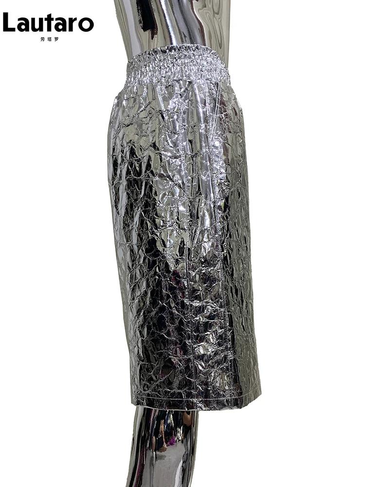 Lautaro été automne brillant argent Faux cuir Shorts pour hommes avec taille haute élastique Y2K Str