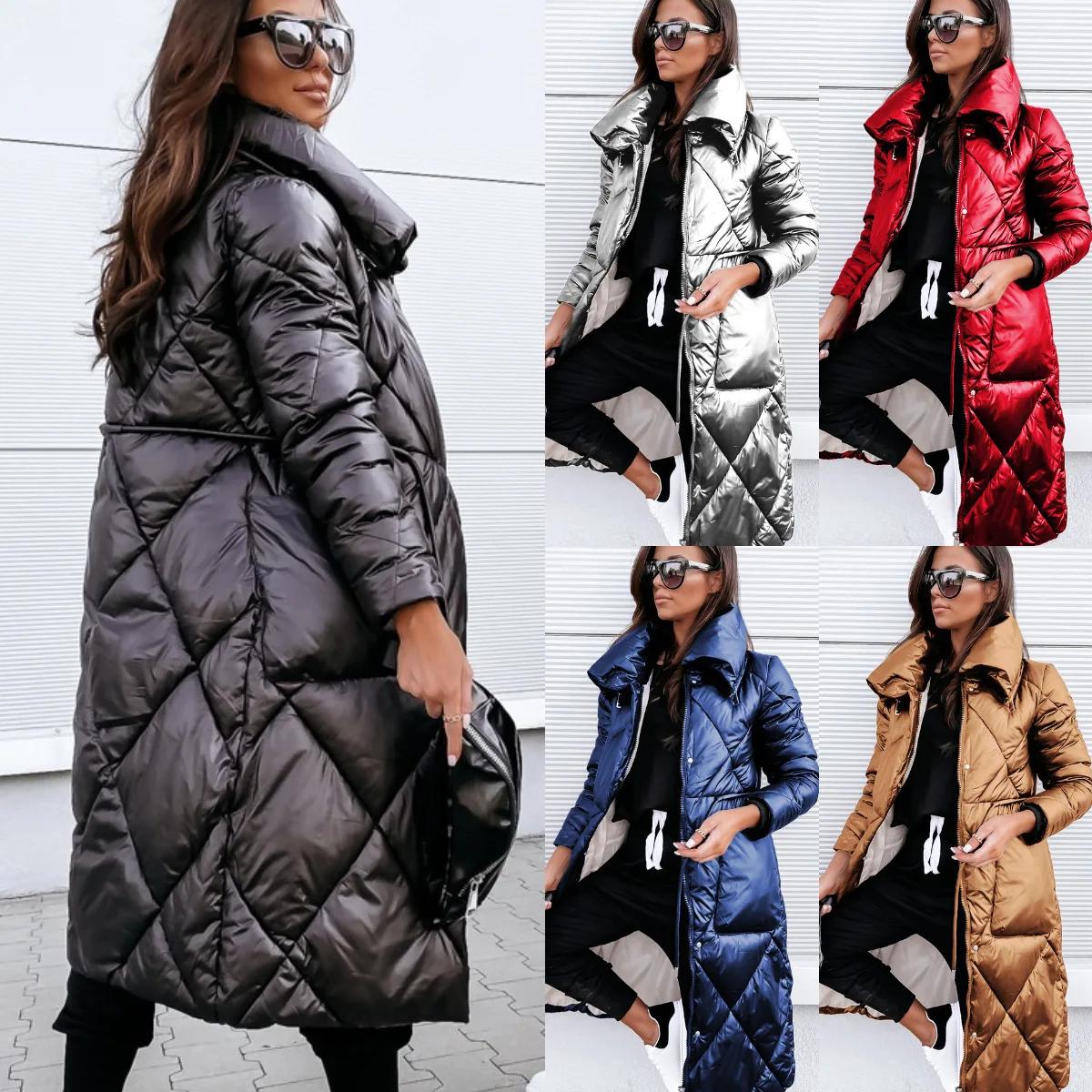 Parkas brillants vêtements d'extérieur femmes à manches longues revers Long hiver garder au chaud Pa