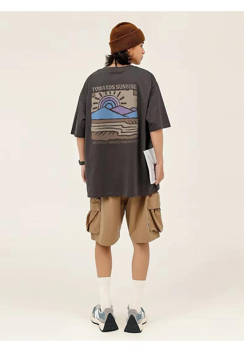 T-shirt Homme Été 2026 Rétro Imprimé Paysage Lettres Col Rond Décontracté Ample Style Urbain 100% Co