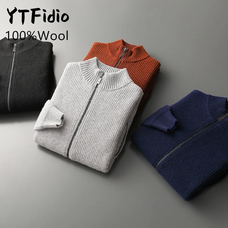 YTFidio-Pull à col mi-haut pour homme, 100% laine, pull à fermeture éclair avec poche, cardigan épai