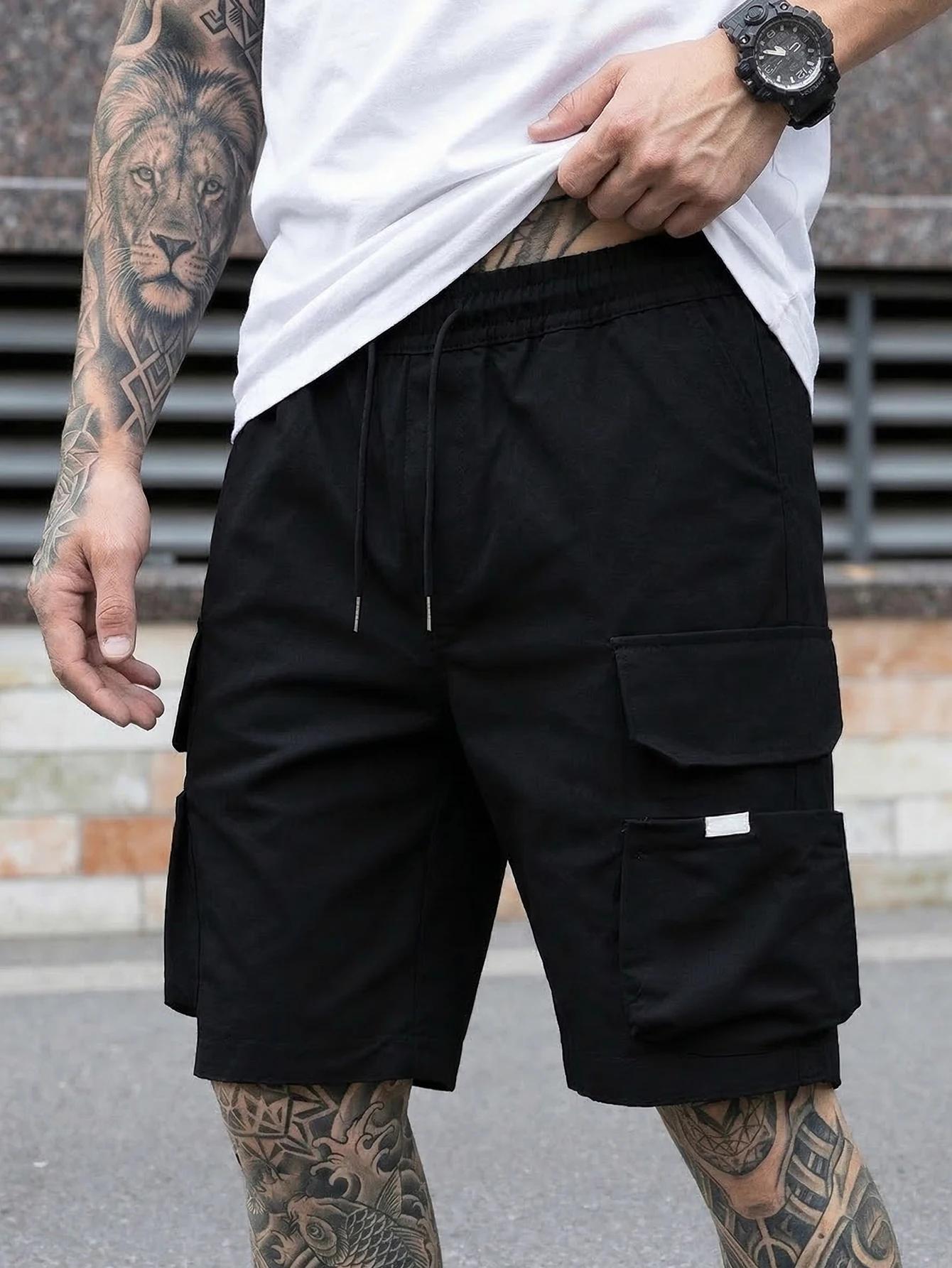 Shorts de travail à cordon de serrage pour hommes, style streetwear, shorts cargo avec grandes poche