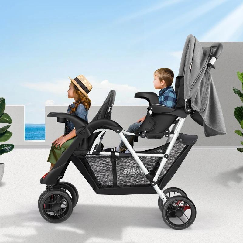 Poussette double légère pour bébé, peut s'asseoir ou s'allonger, siège avant et arrière pliable