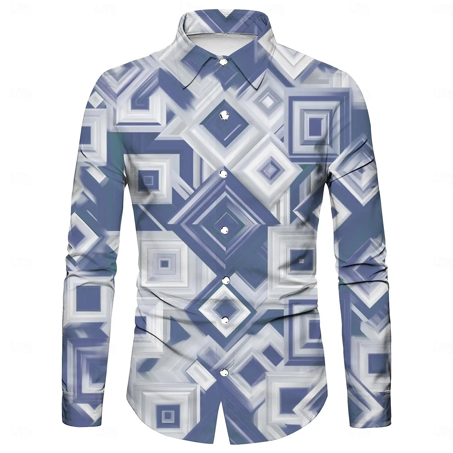 Chemise à manches longues pour hommes, forme géométrique irrégulière 3D imprimée, tissu polyester pe