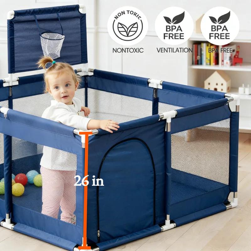 Parc de jeu pour bébé avec panier de basket, aire de jeu de 128 x 128 cm pour tout-petits, centre d'
