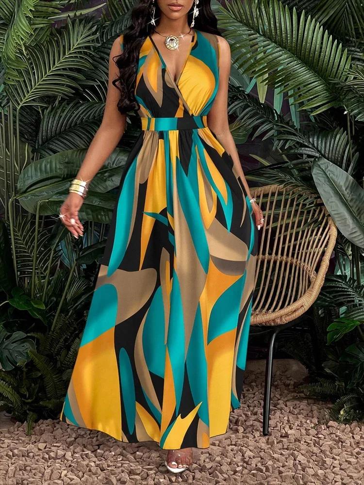Robe femme sans manches, col en V, longueur au sol, avec imprimés abstraits, à la mode pour la plage