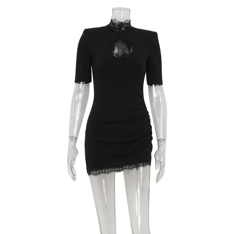 Robes à col haut pour femmes, mini robe éducative, tenues à demi-manches, gaine de tambour évidée, p