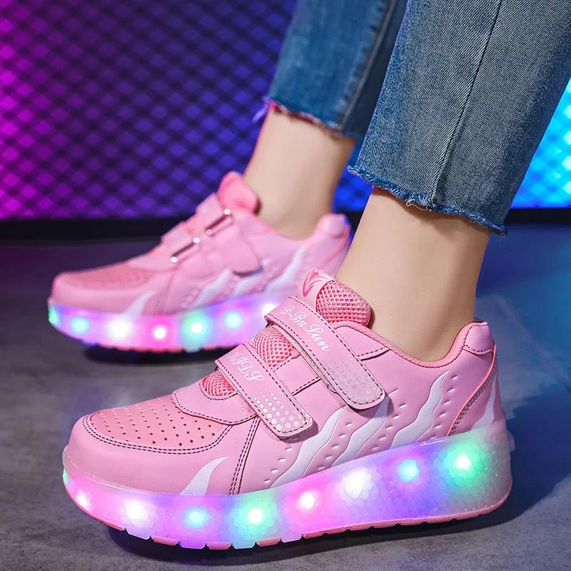 Baskets lumineuses à deux roues pour enfants, chaussures à roulettes avec lumière LED rose, chaussur