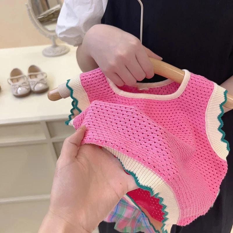 Ensembles de vêtements pour filles, ensemble d'été coréen rose tricoté fin pour filles, gilet ajouré