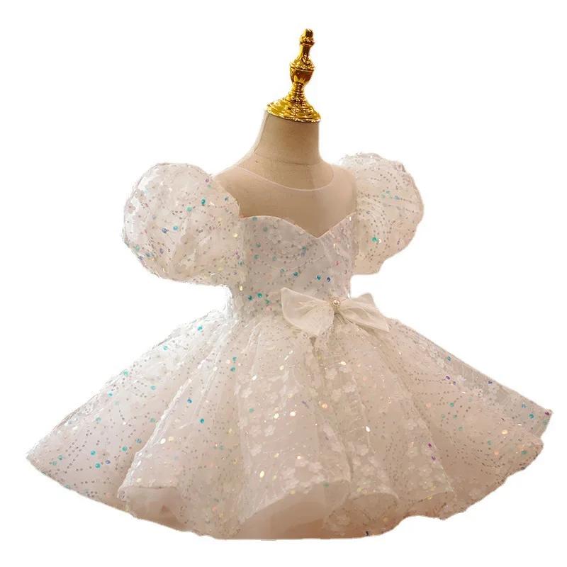 Robe pour enfants blanc gonflé Tulle haut de gamme défilé de mode anniversaire robe de princesse élé