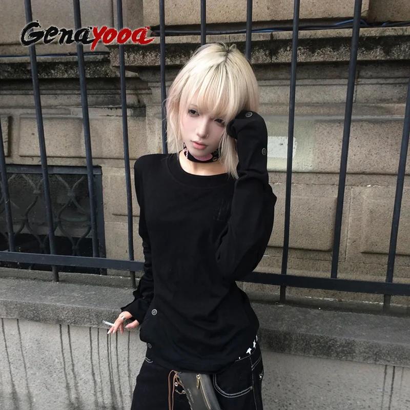 Genayooa gothique Vintage T-shirt femmes à manches longues bouton Y2k rétro noir Grunge hauts Street