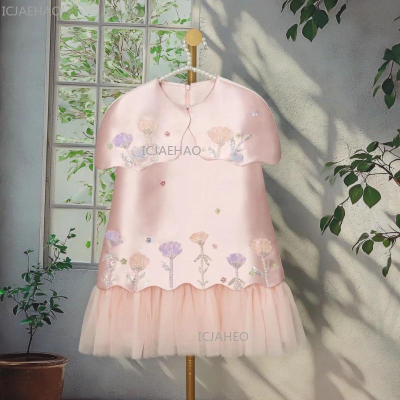 Robes d'anniversaire élégantes pour enfants 2026 avec fleurs 3D, Robe de cérémonie sans manches, Vêt