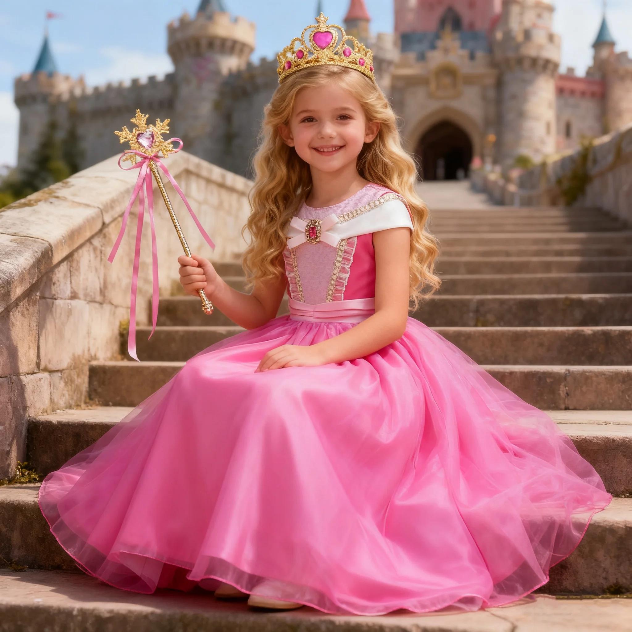 Robe rose pour filles, Costume de Cosplay aurore pour enfants, tenue de princesse de luxe, robe de b