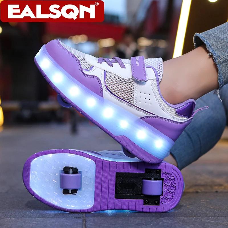 Baskets lumineuses d'été respirantes pour enfants, chaussures à roulettes à deux roues pour filles,