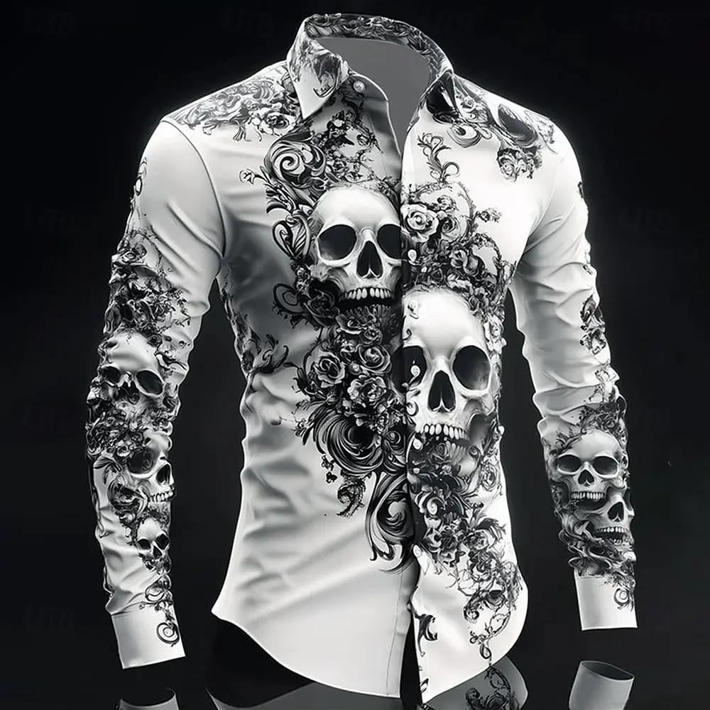 Hip Hop crâne imprimé chemise hommes Streetwear 2025 à manches longues hauts urbain à la mode graphi