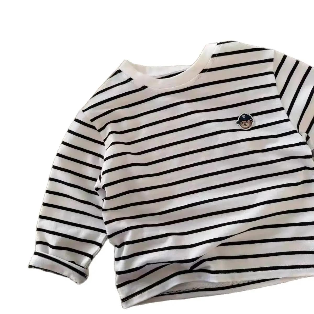 T-shirt à manches longues pour enfants, chemise de base respirante en pur coton, chemise de base ray