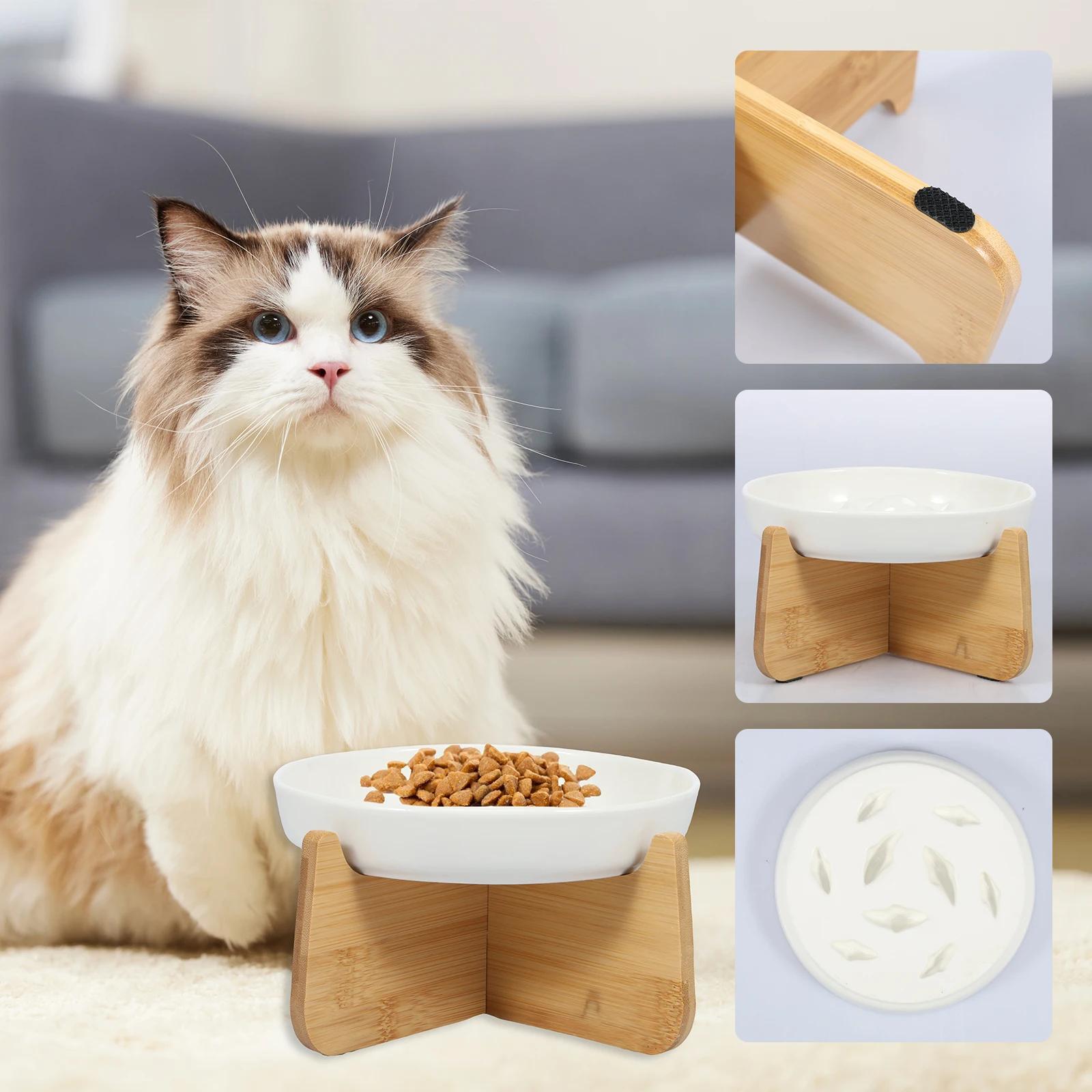 Bol pour chat surélevé bols pour chat surélevés avec support en bois bol d'alimentation lente en cér