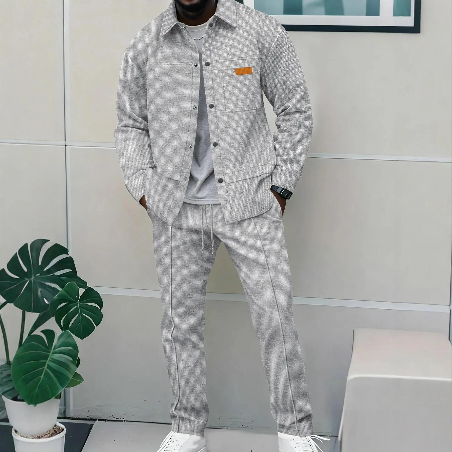 Ensemble veste et pantalon décontracté pour homme, nouveau style 2026, en tissu gaufré uni, avec col