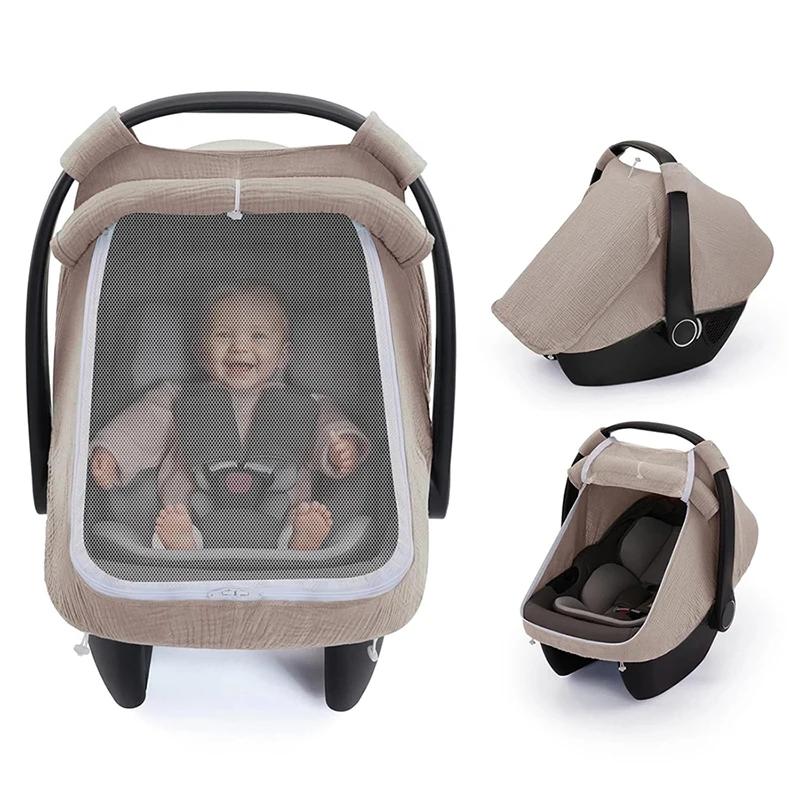 Housse de siège auto pour bébé en coton mousseline respirant avec grande fenêtre en maille, auvent d