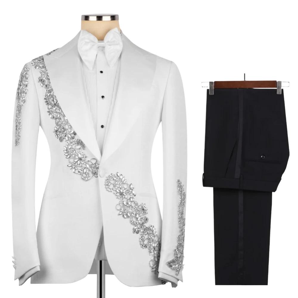 Costume de Mariage Formel Perlé pour Homme – 3 Pièces Slim Fit avec Veste à Revers Châle, Pantalon e