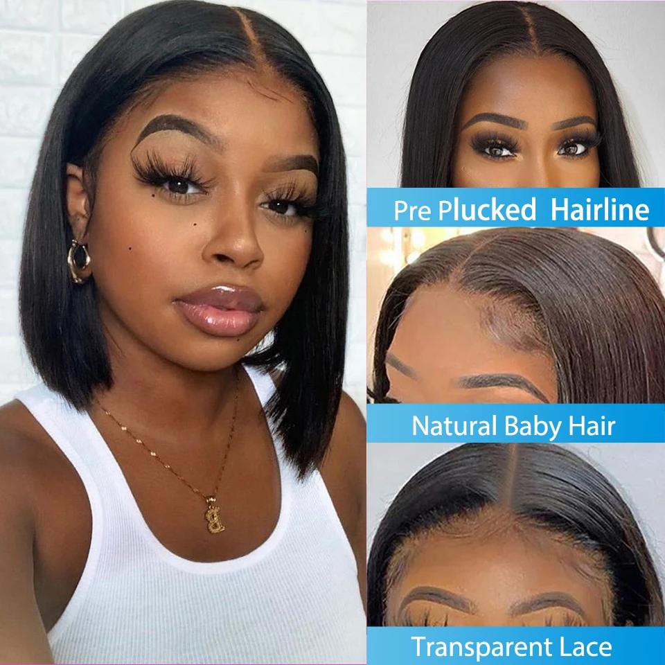 Perruque Bob Lace Wig Remy Brésilienne Naturelle, Cheveux Lisses, Partie T, Sophia, Courte, 4 Pièces