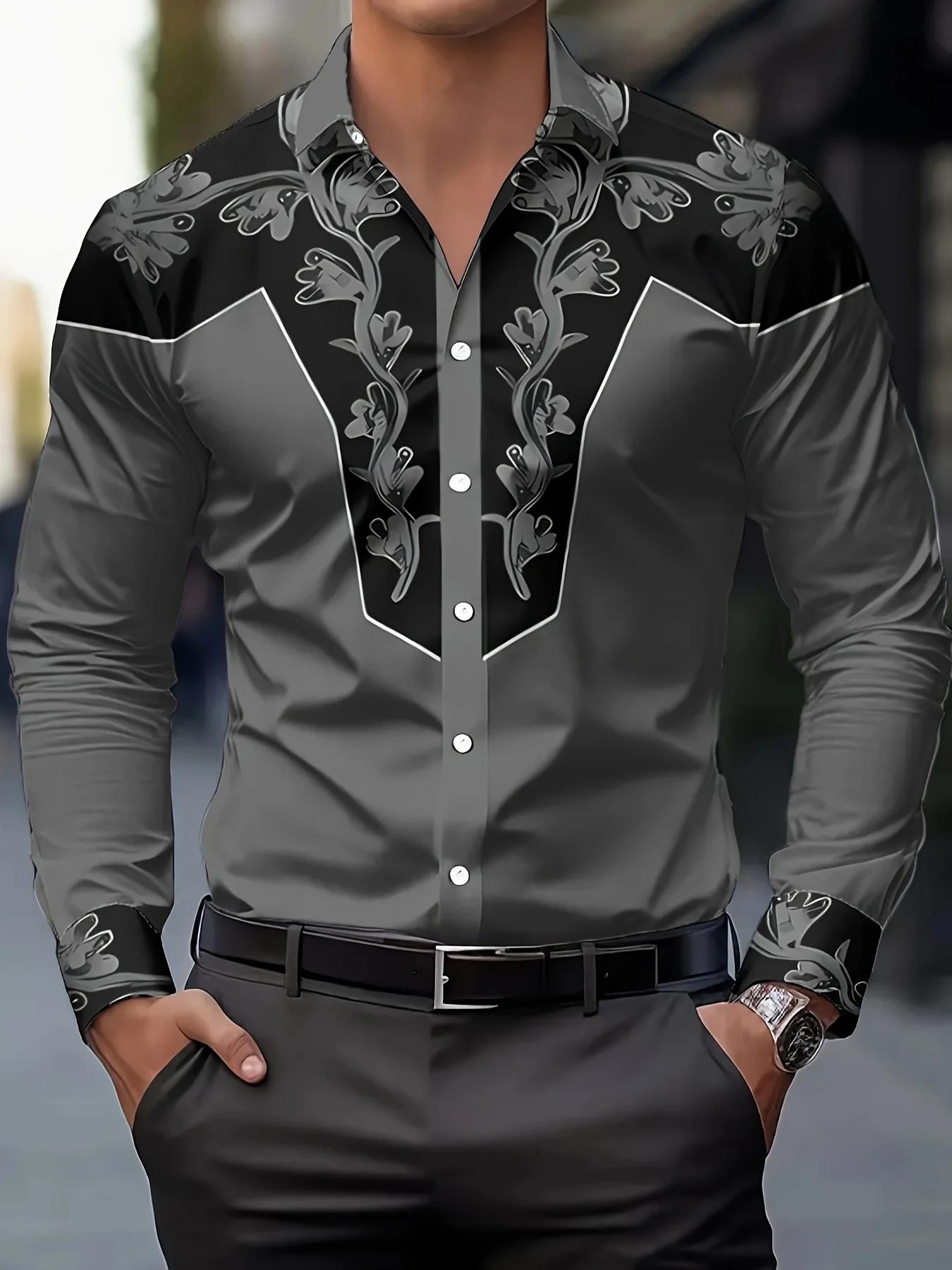 2025 Chemise à manches longues à imprimé floral pour hommes Décontracté Slim Fit Streetwear Chemise