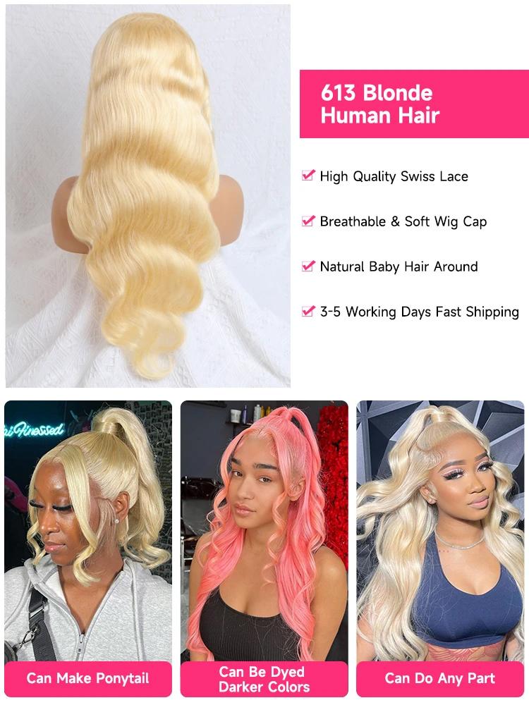 Perruque Lace Front Wig Body Wave naturelle 613, cheveux humains, blond miel 360, 13x4, 13x6, pre-pl